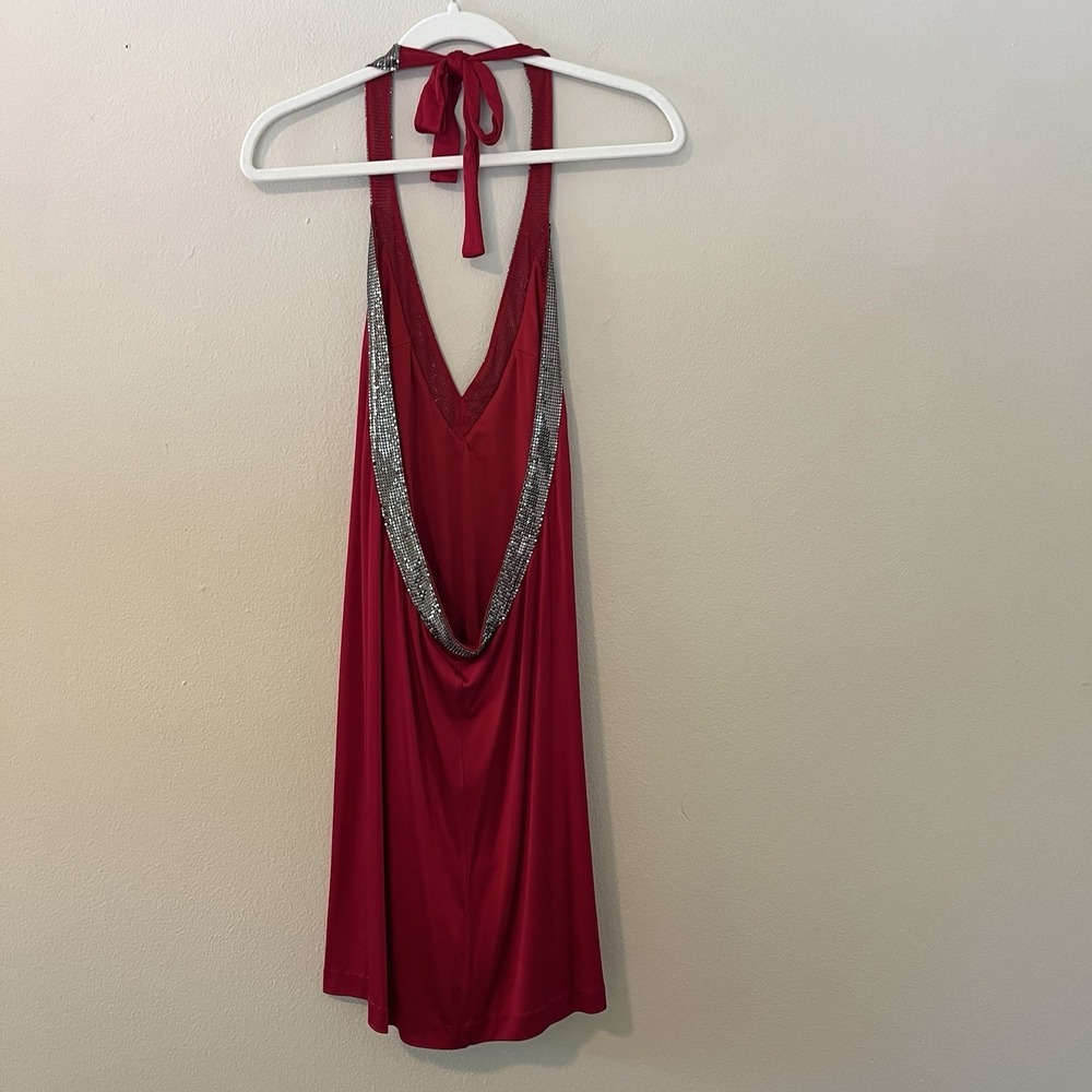 bcbg maxazria dress Womens M Y2K Red Chainmail Castle Core Open Back Glam Silver - Picture 6 of 12